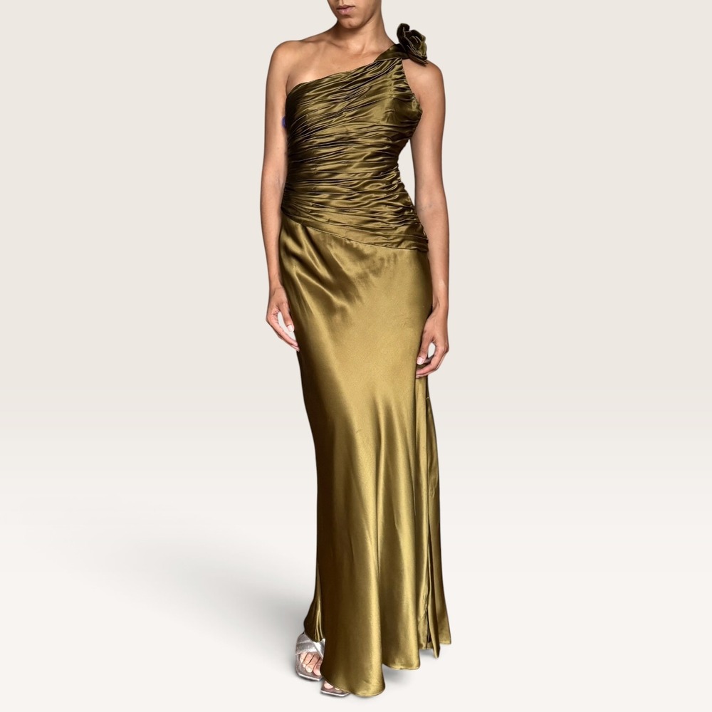 Lillie Rubin Vintage Silk One Shoulder Formal Gown Olive Green Sz 4 Hoco Wedding